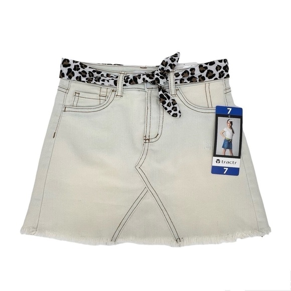 Tractr Jean Mini Skirt Skort Girl’s Size 7 Distressed Faded Leopard Belt New NWT - Picture 1 of 4